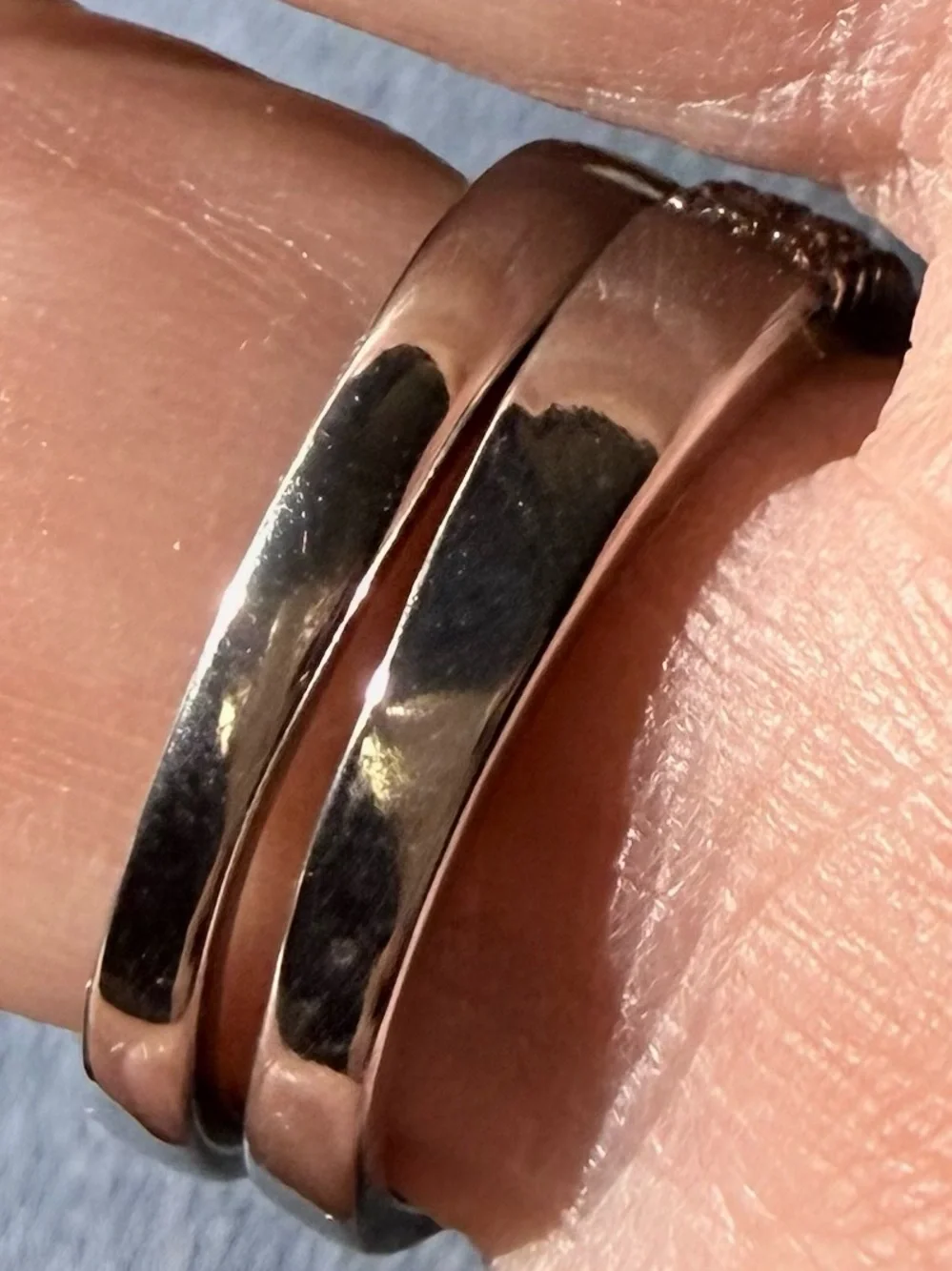 Two Ring Set Silver Tone Bands with Round Clear Shimmer Stone Size 8 1/4.